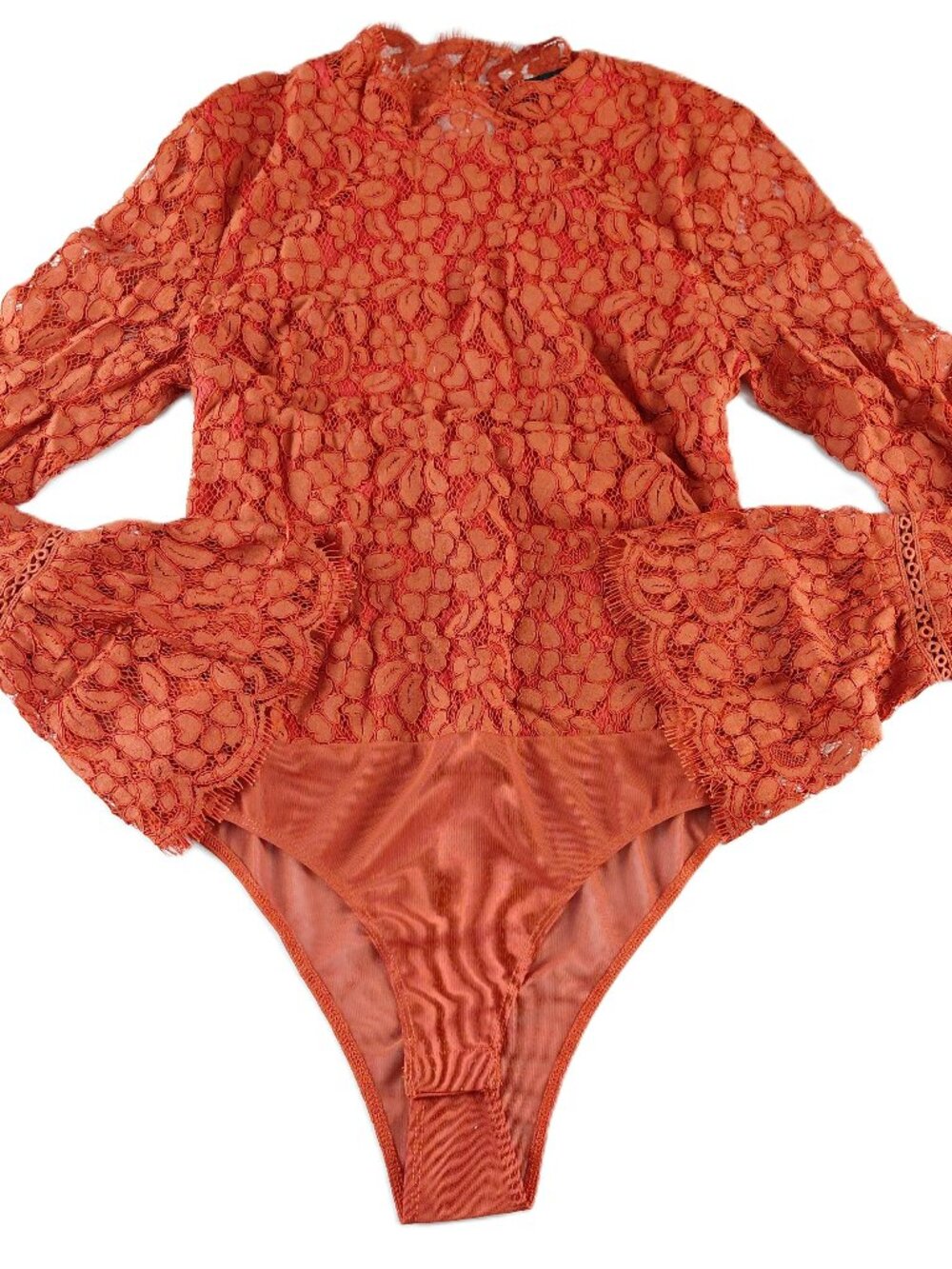 Endless Rose Lace Overlay Cut Back Bodysuit Women's XS Rust Brown Flared Sleeve